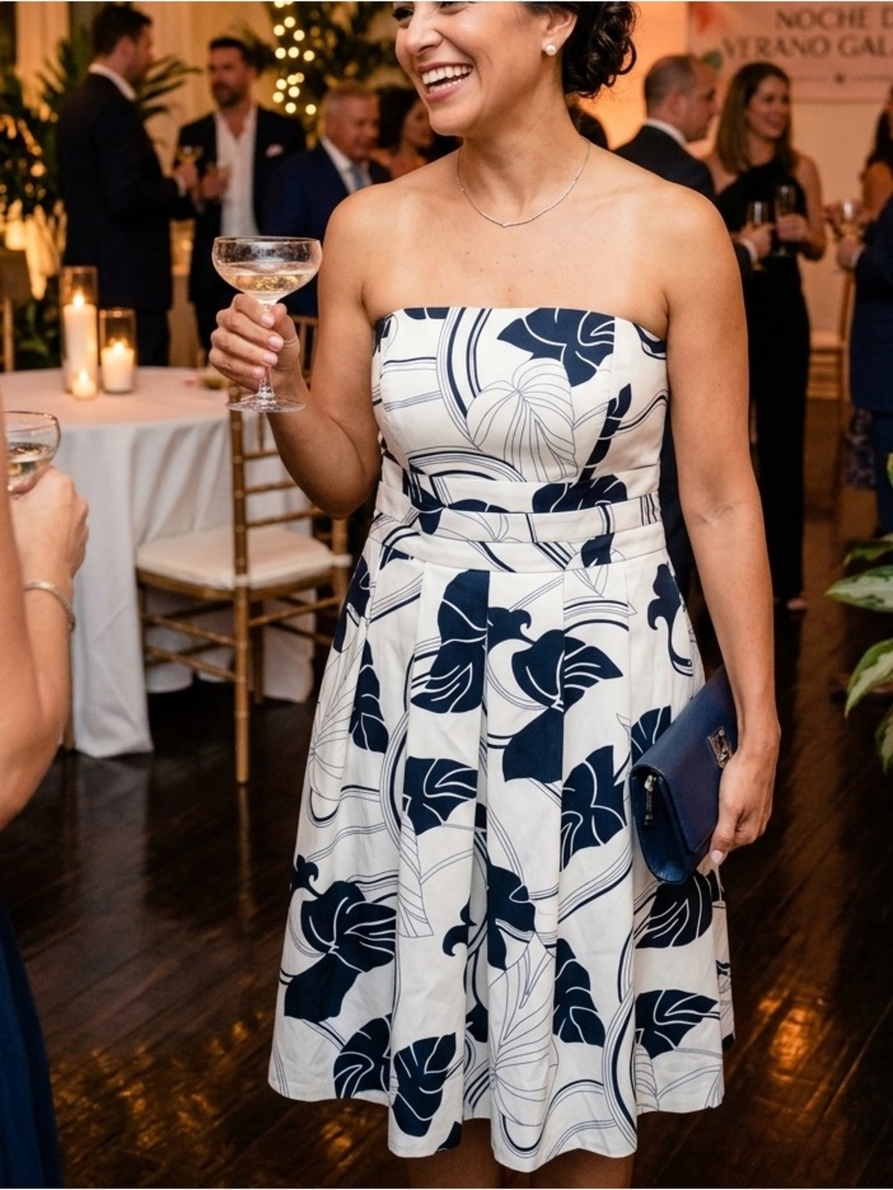 Ann Taylor Strapless White Dress with Navy Floral Motif